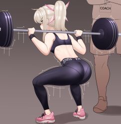 Rule 34 | 1boy, 1girl, ass, domiansfw, exercising, fate/kaleid liner prisma illya, fate (series), full body, head out of frame, highres, illyasviel von einzbern, pants, pantylines, shaking, solo focus, sports bra, sportswear, working out, yoga pants