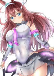 Rule 34 | 1girl, animal ears, bare shoulders, blue eyes, blush, body blush, breasts, brown hair, closed mouth, covered navel, detached sleeves, hair ornament, hairband, highres, horse ears, horse girl, horse tail, large breasts, leotard, long hair, long sleeves, looking at viewer, microskirt, mihono bourbon (umamusume), simple background, skirt, solo, sunsun2812, tail, umamusume, white background, white leotard, white skirt