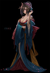 Rule 34 | 1girl, artist name, bare shoulders, black background, blush, breasts, brown eyes, collarbone, commentary, cracked skin, full body, hair ornament, hair over one eye, hair up, hairpin, head tilt, highres, hone onna, japanese clothes, jigoku shoujo, kimono, large breasts, looking at viewer, obi, off shoulder, parted lips, petals, sash, smile, solo, standing, steve zheng, tattoo