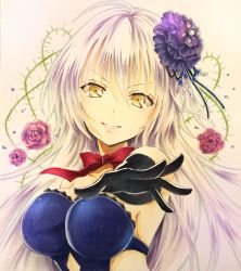 Rule 34 | 1girl, absurdres, ahoge, ayamu (igakato), black gloves, blue dress, breasts, dress, elbow gloves, eyebrows hidden by hair, fate/grand order, fate (series), flower, gloves, hair between eyes, hair flower, hair ornament, highres, jeanne d&#039;arc (fate), jeanne d&#039;arc alter (avenger) (fate), jeanne d&#039;arc alter (fate), long hair, looking at viewer, open mouth, reaching, reaching towards viewer, ribbon, rose, silver hair, smile, solo, upper body, very long hair, yellow eyes