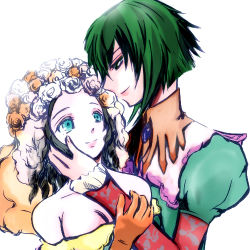 Rule 34 | 2girls, androgynous, asellus (saga frontier), bad id, bad pixiv id, bare shoulders, blue eyes, breasts, cleavage, collarbone, dress, eye contact, flower, gloves, green hair, inu ashi, long sleeves, looking at another, lowres, multiple girls, off-shoulder dress, off shoulder, princess white rose, rose, saga, saga frontier, short hair, simple background, upper body, white background, yellow dress, yuri