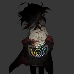 Rule 34 | 1girl, absurdres, belly, blood, blood on clothes, cape, colored skin, dark, female focus, glowing, grey background, grey skin, highres, messy hair, ootorii bisetsu, open mouth, original, simple background, solo, teeth, upper teeth only
