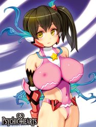 Rule 34 | 1girl, arms behind back, black hair, breasts, copyright name, cowboy shot, elbow gloves, covered erect nipples, expressionless, gloves, large breasts, leotard, logo, long hair, lowres, official art, psychic hearts, ryoji (nomura ryouji), side ponytail, solo, yellow eyes