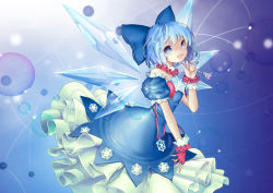 Rule 34 | 1girl, :d, bare shoulders, blue eyes, blue hair, blue theme, bow, cirno, dress, embellished costume, fingerless gloves, frills, gathers, gloves, hair bow, holding, ice, ice wings, matching hair/eyes, open mouth, pping, short hair, smile, snowflakes, solo, touhou, wand, wings
