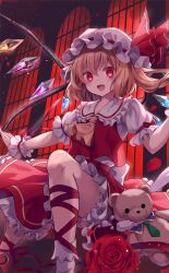 Rule 34 | 1girl, ascot, back bow, blonde hair, bow, broken toy, collared shirt, crystal, crystal wings, flandre scarlet, flower, frilled cuffs, frilled hat, frilled shirt collar, frilled skirt, frilled sleeves, frills, hat, hat ribbon, indoors, kure~pu, leg ribbon, mob cap, official art, one side up, open mouth, petals, puffy short sleeves, puffy sleeves, red bow, red eyes, red flower, red ribbon, red rose, red skirt, red sky, red trim, red vest, ribbon, ribbon-trimmed headwear, ribbon trim, rose, scarlet devil mansion, shirt, short sleeves, side ponytail, sitting, skirt, skirt set, sky, sleeve bow, smile, socks, stuffed animal, stuffed toy, teddy bear, touhou, touhou cannonball, vest, white bow, white hat, white shirt, white socks, white wrist cuffs, window, wrist cuffs, yellow ascot