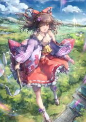 Rule 34 | 1girl, absurdres, ascot, bow, brown eyes, brown hair, cloud, frilled hair tubes, frills, gohei, hair bow, hair tubes, hakurei reimu, highres, holding, holding gohei, nanop38, nontraditional miko, red bow, red shirt, red skirt, shirt, skirt, sky, solo, touhou, wide sleeves, yellow ascot