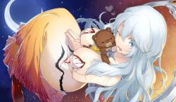 Rule 34 | 1girl, ;d, artemis (fate), between breasts, blue eyes, blue hair, breasts, cleavage, crescent moon, dress, fate/grand order, fate (series), heart, kan&#039;yu (citron 82), large breasts, long hair, moon, one eye closed, open mouth, orion (bear) (fate), own hands together, smile, strapless, strapless dress, stuffed animal, stuffed toy, teddy bear, wavy hair