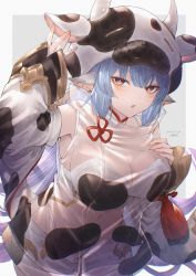 Rule 34 | 1girl, animal ears, animal print, arm up, bikini, blue hair, breasts, catura (granblue fantasy), cleavage, cow girl, cow hat, draph, ear piercing, granblue fantasy, hair between eyes, hand on own chest, hat, highres, horns, large breasts, long hair, looking at viewer, open mouth, piercing, see-through, short shorts, shorts, swimsuit, white bikini, wide sleeves, yct (yoct o), yellow eyes
