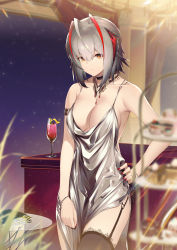 Rule 34 | 1girl, absurdres, ahoge, antenna hair, antennae, arknights, bare shoulders, breasts, cleavage, cocktail glass, cup, demon girl, demon horns, dress, drinking glass, evening gown, garter straps, grey dress, grey hair, hand on own hip, highres, horns, jewelry, jiusan naitang, large breasts, low neckline, medium breasts, nail polish, necklace, red nails, short hair, side slit, sleeveless, sleeveless dress, solo, w (arknights)