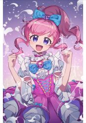 Rule 34 | 1girl, :d, anisakisu, blue bow, bow, clenched hands, cowboy shot, feathers, hair bow, hands up, high-waist skirt, high ponytail, highres, idol clothes, kiratto pri chan, layered skirt, long hair, looking at viewer, momoyama mirai, open mouth, pink hair, pink skirt, pleated skirt, pretty series, puffy sleeves, purple background, purple eyes, shirt, sidelocks, skirt, smile, solo, standing, white shirt