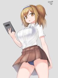 Rule 34 | 1girl, absurdres, alternate costume, blue one-piece swimsuit, brown eyes, brown skirt, collared shirt, cowboy shot, dated, dress shirt, grey background, hairband, highres, i-26 (kancolle), kantai collection, light brown hair, long hair, maru (marg0613), name tag, one-hour drawing challenge, one-piece swimsuit, pleated skirt, school swimsuit, school uniform, see-through, shirt, short sleeves, simple background, skirt, solo, standing, swimsuit, swimsuit under clothes, twitter username, two-tone hairband, two side up, white shirt