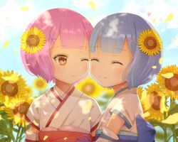 Rule 34 | 10s, 2girls, bad id, bad pixiv id, blue hair, detached sleeves, closed eyes, face-to-face, flower, hair flower, hair ornament, japanese clothes, kimono, looking at another, multiple girls, one eye closed, pink eyes, pink hair, ram (re:zero), re:zero kara hajimeru isekai seikatsu, rem (re:zero), siblings, sisters, smile, sunflower, sunflower hair ornament, twins, upper body, x hair ornament, aged down