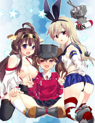 Rule 34 | 10s, 3girls, :d, ass, black panties, blonde hair, blush, bow, breasts, brown eyes, brown hair, double bun, double v, elbow gloves, fang, girl sandwich, gloves, hair bow, hair bun, hair ornament, hairband, hat, heart, heart-shaped pupils, highres, innertube, kantai collection, kongou (kancolle), large breasts, long hair, looking at viewer, magatama, medium breasts, multiple girls, nipples, nontraditional miko, open mouth, panties, panty lift, partially undressed, personification, pleated skirt, purple eyes, red eyes, rensouhou-chan, ribbon-trimmed sleeves, ribbon trim, ryuujou (kancolle), sandwiched, shimakaze (kancolle), skirt, smile, striped clothes, striped legwear, striped thighhighs, swim ring, symbol-shaped pupils, thighhighs, thong, twintails, underwear, v, visor cap, white gloves, yakou (innocent chapel)