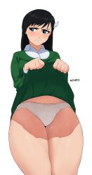 Rule 34 | 1girl, athosart, black hair, blue eyes, blush, burn the witch, clothes lift, embarrassed, highres, horn ornament, horns, looking away, looking to the side, niihashi noel, panties, skirt, skirt lift, solo, thick thighs, thighs, underwear, white panties