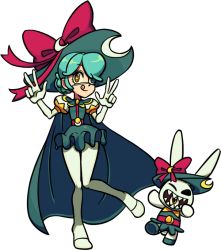Rule 34 | 1girl, alternate costume, alternate hairstyle, annie (skullgirls), belt, bow, cape, cavalier hat, double v, elbow gloves, eyepatch, frilled skirt, frills, gloves, green hair, hat, juliet sleeves, licking lips, long sleeves, official alternate costume, official art, puffy sleeves, sagan (skullgirls), skirt, skullgirls, smile, standing, standing on one leg, stuffed animal, stuffed rabbit, stuffed toy, symbol-shaped pupils, tongue, tongue out, transparent, v