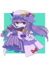 Rule 34 | 1girl, blue bow, blunt bangs, book, border, bow, closed mouth, crescent, crescent pin, dress, full body, green background, green bow, hair bow, hat, hat ribbon, highres, holding, holding book, long hair, long sleeves, mob cap, multiple bows, open book, patchouli knowledge, purple eyes, purple hair, red bow, ribbon, san bitan248, sidelocks, simple background, solo, striped clothes, striped dress, touhou, white border, wide sleeves, yellow bow