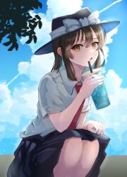 Rule 34 | 1girl, absurdres, bow, breasts, brown eyes, brown hair, cloud, commentary, cumulonimbus cloud, cup, drinking straw, erisauria, fedora, feet out of frame, hair between eyes, hat, hat bow, highres, holding, holding cup, leaf, looking at viewer, medium hair, necktie, open mouth, outdoors, red necktie, short sleeves, sky, small breasts, solo, sparkle, squatting, touhou, usami renko, white bow, wing collar