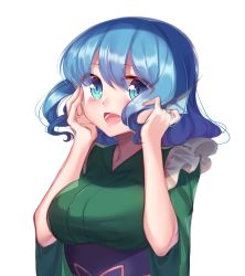Rule 34 | 1girl, :d, absurdres, blue eyes, blue hair, blush, breasts, dark jewel (gem oblivion), fins, hands on own cheeks, hands on own face, head fins, highres, japanese clothes, kimono, large breasts, mermaid, monster girl, open mouth, sash, smile, solo, touhou, wakasagihime