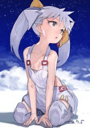 Rule 34 | 10s, 1girl, 2014, :o, bare shoulders, boots, bow, buckle, clothing cutout, collarbone, dated, dress, earrings, flat chest, full body, grey eyes, hair bow, highres, jewelry, long hair, looking to the side, looking up, overalls, parted lips, seiza, side cutout, sitting, sketch, sky, solo, squatting, star (sky), starry sky, tama (wixoss), toro (konirio), twintails, white dress, white hair, white legwear, wixoss