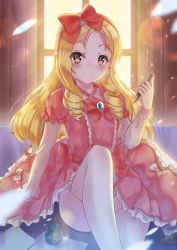 Rule 34 | 10s, 1girl, absurdres, arm support, art brush, backlighting, blonde hair, blush, bow, bowtie, brooch, center frills, closed mouth, commentary, criss-cross halter, day, dress, drill hair, eromanga sensei, frilled dress, frills, hair bow, hairband, halterneck, hand up, highres, holding, holding pen, holmemee, indoors, ink bottle, jewelry, knee up, layered sleeves, lens flare, lolita fashion, long hair, long sleeves, looking at viewer, motion blur, no panties, paintbrush, paper, parted bangs, pen, pink eyes, pointy ears, puffy short sleeves, puffy sleeves, red bow, red bowtie, red hairband, short over long sleeves, short sleeves, sidelocks, sitting, skindentation, smile, solo, sparkle, stylus, sunlight, thighhighs, twin drills, white bow, white thighhighs, window, wooden wall, yamada elf