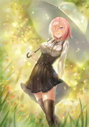 Rule 34 | 1girl, :d, alternate costume, arm behind head, backlighting, bad id, bad pixiv id, black skirt, black thighhighs, blurry, blurry background, blush, breasts, center frills, fate/grand order, fate (series), frills, hair over one eye, high-waist skirt, highres, holding, holding umbrella, large breasts, long sleeves, looking at viewer, mash kyrielight, meme attire, open mouth, outdoors, pink hair, plant, purple eyes, revision, shirt, short hair, skirt, smile, solo, standing, tareme, thighhighs, umbrella, virgin killer outfit, white shirt, yahiro (heartseek000), zettai ryouiki
