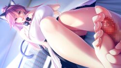 Rule 34 | 1girl, animal ears, bare shoulders, barefoot, bed, blush, bow, bowtie, breasts, bunny&#039;s mama daikou service, cat ears, cat tail, censored, choco chip, cleavage, detached collar, embarrassed, eyebrows hidden by hair, fake animal ears, fake tail, feet, footjob, from below, game cg, high ponytail, huge breasts, index finger raised, indoors, legs, long hair, lying, matching hair/eyes, mosaic censoring, oda kiyoko, on bed, open mouth, original, out of frame, penis, pov, red eyes, red hair, sitting, tail, thighs, toes