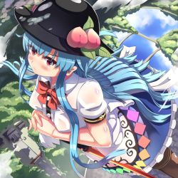 Rule 34 | 1girl, black hat, blue hair, blush, brown footwear, closed mouth, food, frilled skirt, frills, fruit, hat, hinanawi tenshi, holding, holding sword, holding weapon, houshiruri, leaf, long hair, looking at viewer, outdoors, peach, rainbow gradient, red eyes, shirt, short sleeves, shrine, skirt, solo, sword, sword of hisou, torii, touhou, weapon, white shirt