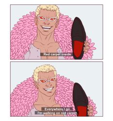 Rule 34 | 1boy, blonde hair, coat, comic, commentary, donquixote doflamingo, earrings, english commentary, english text, feather coat, holding, holding clothes, holding footwear, jewelry, male focus, mature male, one piece, open clothes, open mouth, orange-tinted eyewear, pink coat, portrait, shirt, short hair, smile, stjarnskrik, talking, teeth, tinted eyewear, white-framed eyewear, white shirt