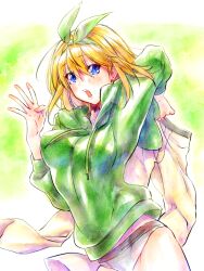 Rule 34 | 1girl, blue eyes, blush, go-toubun no hanayome, green hoodie, green ribbon, hair ribbon, hands up, highres, holding pants, hood, hoodie, long sleeves, looking at viewer, nakano yotsuba, open mouth, orange hair, panties, pants, ribbon, short hair, solo, twitter username, underwear, unworn pants, white panties, yu (flowerbird3830)