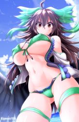 Rule 34 | 1girl, :/, absurdres, ahoge, alternate breast size, bare shoulders, bikini, bikini under clothes, black wings, blouse, bow, breasts, brown eyes, brown hair, cameltoe, closed mouth, clothing cutout, commentary request, covered erect nipples, day, frills, from below, front-tie bikini top, front-tie top, g (genesis1556), gluteal fold, green bow, groin, hair between eyes, hair bow, highres, huge breasts, long hair, long sleeves, looking at viewer, navel, open clothes, open shirt, outdoors, reiuji utsuho, shirt, shoulder cutout, skindentation, sky, solo, stomach, sweat, swimsuit, thighs, touhou, twitter username, underboob, very long hair, wings