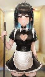 Rule 34 | 1girl, absurdres, ahoge, anger vein, apron, black bow, black choker, black dress, black hair, black thighhighs, blue hair, blurry, blurry background, blush, bow, breasts, brown eyes, choker, cleavage, cleavage cutout, clothing cutout, commentary, cowboy shot, cross, cross earrings, depth of field, dress, earrings, english commentary, frown, hand up, heart cutout, highres, holding, irene (kanniiepan), jewelry, kanniiepan, looking at viewer, maid, maid headdress, medium breasts, medium hair, mole, mole on breast, mole under eye, multicolored hair, original, parted lips, short sleeves, solo, standing, thighhighs, white apron