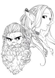 Rule 34 | 1boy, 1girl, artist name, beard, braid, choker, commentary, covered mouth, cropped shoulders, dated, dungeon meshi, dwarf, elf, english commentary, eyelashes, facial hair, french braid, full beard, greyscale, hair around ear, hair pulled back, highres, long beard, long hair, looking at another, marcille donato, monochrome, multiple braids, mustache, nenek hani, no headwear, parted bangs, pointy ears, senshi (dungeon meshi), side braid, sideways glance, simple background