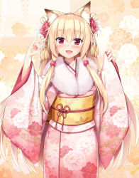 Rule 34 | 1girl, animal ear fluff, animal ears, blonde hair, blush, commentary request, fang, floral background, floral print, flower, fox ears, fox shadow puppet, fur collar, hair flower, hair ornament, hands up, highres, japanese clothes, kimono, kokutou (kazuakifca), leaf print, long hair, long sleeves, looking at viewer, obi, open mouth, original, pink kimono, print kimono, red eyes, sash, smile, solo, standing, very long hair, wide sleeves, yellow sash