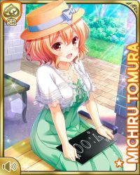 Rule 34 | 1girl, bench, blue bow, bow, breasts, brick walkway, brown eyes, brown hair, card (medium), cleavage, day, dress, girlfriend (kari), green dress, hat, holding, official art, open mouth, outdoors, qp:flapper, short hair, sign, sitting, smile, solo, sundress, tagme, tomura michiru, tree