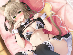 Rule 34 | 1girl, :o, animal ears, bikini, black bikini, black panties, black skirt, black thighhighs, breasts, brown hair, cat ears, couch, eyelashes, fangs, frilled skirt, frilled thighhighs, frills, green eyes, hair between eyes, hair ribbon, hands up, highleg, highleg panties, highres, large breasts, long hair, looking at viewer, lying, maid, maid bikini, miniskirt, navel, navy (navy.blue), neck ribbon, nipples, non-web source, on back, on couch, open mouth, original, panties, paw pose, ponytail, puffy short sleeves, puffy sleeves, ribbon, short sleeves, shrug (clothing), sidelocks, skindentation, skirt, solo, stomach, string bikini, string panties, sweat, swimsuit, thighhighs, unconventional maid, underwear, wing collar, wrist cuffs