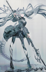Rule 34 | 1girl, ;p, absurdres, black footwear, black jacket, black skirt, blue eyes, breasts, closed mouth, commentary request, grey hair, grey pantyhose, grey shirt, high heels, highres, holding, holding polearm, holding weapon, jacket, long hair, looking at viewer, medium breasts, one eye closed, open clothes, open jacket, original, pantyhose, pleated skirt, polearm, reflection, revision, shirt, shoes, skirt, smile, solo, spear, swav, tongue, tongue out, twintails, twitter username, very long hair, weapon