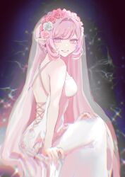 Rule 34 | 1girl, absurdres, back, bare shoulders, black background, bow, bridal veil, chromatic aberration, cowboy shot, criss-cross back-straps, dress, earrings, elysia (honkai impact), flower, from side, hair between eyes, hair intakes, hand on own knee, hashtag-only commentary, head wreath, highres, honkai (series), honkai impact 3rd, jewelry, looking at viewer, pink flower, pink hair, pink rose, pointy ears, rose, sidelocks, sitting, smile, solo, swept bangs, us2 uoxo, veil, white bow, white dress, white flower, white rose