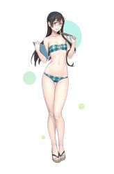 Rule 34 | 1girl, alternate costume, bare arms, bare legs, bare shoulders, bikini, black hair, blush, breasts, clipboard, collarbone, commentary request, full body, glasses, green eyes, hairband, highres, holding, kantai collection, long hair, looking at viewer, navel, ooyodo (kancolle), plaid, plaid bikini, quill, sandals, semi-rimless eyewear, simple background, skindentation, small breasts, smile, solo, standing, strapless, swimsuit, under-rim eyewear, white background, yuuji (and)