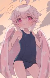 Rule 34 | 1girl, ahoge, bare shoulders, blue one-piece swimsuit, blush, breasts, closed mouth, cloud, covered navel, grey hair, hair between eyes, highres, holding, holding towel, kibisake, looking at viewer, old school swimsuit, one-piece swimsuit, original, outdoors, pink eyes, school swimsuit, short eyebrows, small breasts, smile, solo, star (symbol), star print, sunset, swimsuit, thick eyebrows, torii koyomi, towel