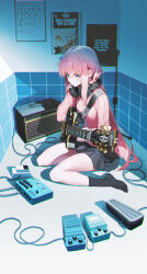 Rule 34 | 1girl, absurdres, akg k-series headphones, black skirt, black socks, blue eyes, bocchi the rock!, breasts, closed mouth, commentary, dutch angle, electric guitar, gibson les paul, gotoh hitori, guitar, hair between eyes, hair over eyes, headphones, headphones around neck, highres, holding, holding headphones, holding instrument, indoors, instrument, jacket, light blush, long hair, long sleeves, looking at viewer, no shoes, pink hair, pink jacket, pleated skirt, pro-p, sitting, skirt, small breasts, socks, solo, standing, track jacket, wariza