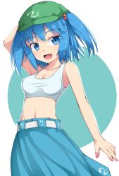 Rule 34 | 1girl, blue eyes, blue hair, breasts, cleavage, crop top, hair bobbles, hair ornament, hat, kawashiro nitori, matching hair/eyes, midriff, navel, open mouth, shiny skin, short hair, smile, solo, tank top, teeth, touhou, twintails, two side up, uumaru1869