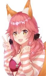 Rule 34 | 10s, 1girl, :d, animal ears, blush, breasts, chaou, cleavage, fate/extra, fate (series), fox ears, fox tail, highres, official alternate costume, open mouth, pink hair, scrunchie, simple background, smile, solo, striped, tail, tamamo no mae (fate/extra), unzipped, upper body, v, white background, yellow eyes