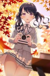 Rule 34 | 1girl, autumn leaves, black hair, black ribbon, blazer, blue flower, blurry, blurry foreground, camera, collared shirt, commentary request, depth of field, dress shirt, flower, fukumaru koito, gluteal fold, grey jacket, grey skirt, hair flower, hair ornament, highres, holding, holding camera, hyonee, idolmaster, idolmaster shiny colors, jacket, leaf, long hair, long sleeves, looking at viewer, maple leaf, neck ribbon, open mouth, pleated skirt, purple eyes, purple flower, ribbon, school uniform, shirt, skirt, solo, standing, swept bangs, thigh gap, twintails, white shirt