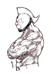 Rule 34 | 1boy, abs, absurdres, biceps, clenched hand, crossed arms, highres, kinniku suguru, kinnikuman, kinnikuman (character), large pectorals, looking to the side, manly, marker (medium), mask, monochrome, muscular, pectorals, serious, standing, traditional media, white background, wrestling, wrestling mask, wrestling outfit