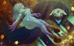 Rule 34 | 1girl, animal ears, artist name, ass, blue eyes, body fur, body markings, colored skin, completely nude, dated, forest, from behind, furry, furry female, glowing, glowing eyes, grass, grey fur, grey skin, highres, hooves, kindred (league of legends), lamb (league of legends), league of legends, nature, no mask, nude, open mouth, outdoors, petals, sheep ears, sheep tail, signature, tail, themaestronoob, wolf (league of legends)