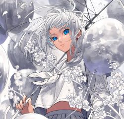 Rule 34 | 1girl, balloon, blue eyes, branch, commentary request, ear piercing, earrings, expressionless, flower, frog, from below, holding, holding umbrella, jewelry, looking at viewer, minami (minami373916), neckerchief, original, piercing, skirt, solo, umbrella, upper body, white hair, white neckerchief, white theme