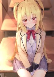 Rule 34 | 1girl, absurdres, arihara nanami, arms between legs, blonde hair, blush, bow, breasts, classroom, closed mouth, collar, commentary, desk, dot nose, eyelashes, frown, furrowed brow, grey skirt, hair between eyes, hair over shoulder, head tilt, highres, jacket, large breasts, long hair, long sleeves, looking at viewer, miniskirt, nodoameyatou, on desk, open clothes, open jacket, own hands together, plaid, plaid skirt, pleated skirt, purple sweater vest, red bow, red eyes, riddle joker, school uniform, shirt, sidelighting, sidelocks, sitting, on desk, skirt, smile, solo, sparkle, straight hair, sunlight, sweater vest, thighs, two side up, very long hair, white collar, white shirt, yellow jacket