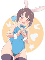 Rule 34 | 1girl, animal ears, black thighhighs, blue bow, blue bowtie, blue hair, blue leotard, blush, bow, bowtie, breasts, brown hair, covered navel, embarrassed, fake animal ears, highres, hozuki momiji, leotard, looking at viewer, multicolored hair, onii-chan wa oshimai!, open mouth, playboy bunny, rabbit ears, red eyes, small breasts, solo, thighhighs, unkimo