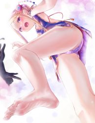 Rule 34 | 1girl, abigail williams (fate), bare shoulders, black cat, blonde hair, blue dress, blue eyes, blush, breasts, cat, cleavage cutout, clothing cutout, dress, fate/grand order, fate (series), feet, forehead, highres, kinom (sculpturesky), legs, long hair, looking at viewer, open mouth, panties, parted bangs, sideless outfit, small breasts, smile, soles, striped clothes, striped panties, toes, underwear