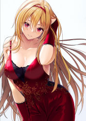 Rule 34 | 1girl, bare shoulders, blonde hair, blue background, breasts, cleavage, commentary request, dress, hair between eyes, hairband, hand up, idolmaster, idolmaster cinderella girls, kurosaki chitose, large breasts, long hair, migimaki (migi mawashi), parted lips, red dress, red eyes, red hairband, simple background, sleeveless, sleeveless dress, solo, very long hair